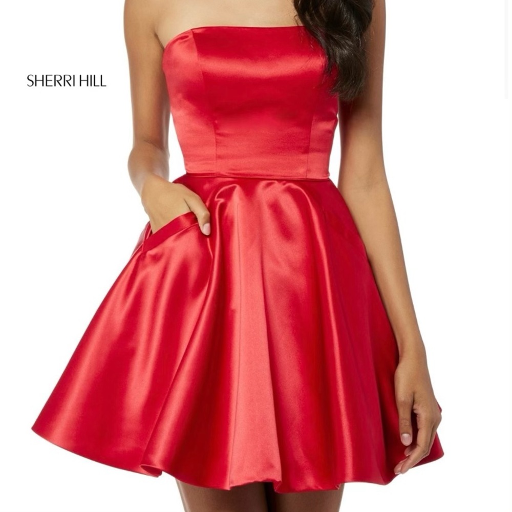 Sherri Hill satin fit and flare strapless dress